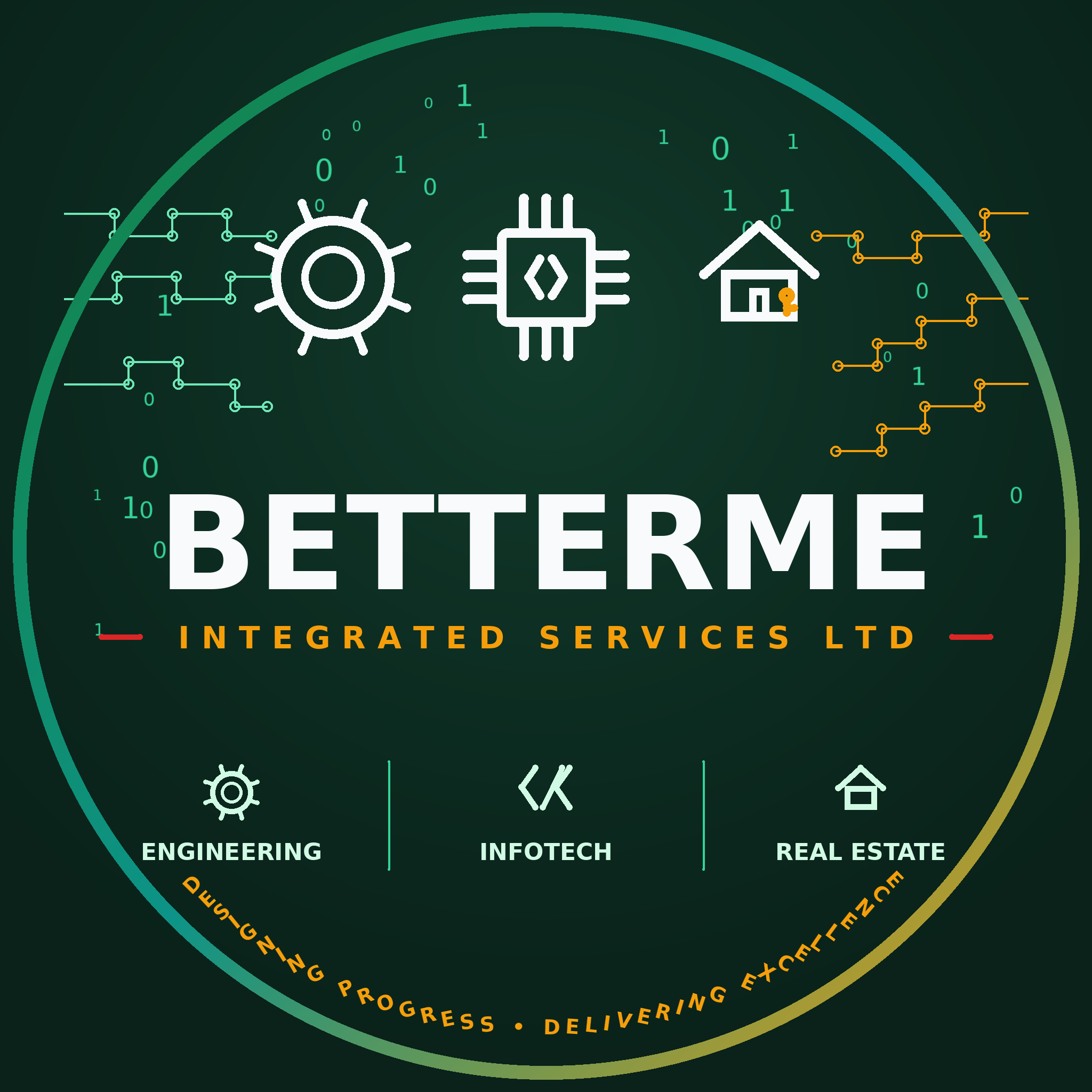 BetterMe Integrated Services Ltd emblem — the green-teal-gold ring, gear, chip and house-key icons, and the motto arc
