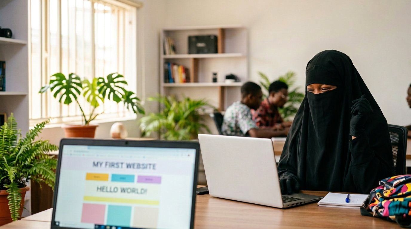 A happy beginner student in niqab seeing her first website on her laptop