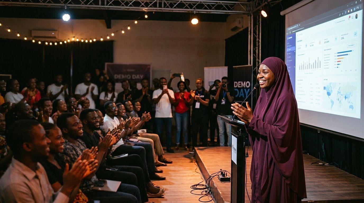 A student in a full-length khimar presenting her final project to an applauding audience on Demo Day