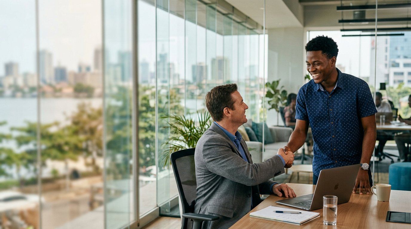 A graduate shaking hands with a hiring manager after a successful interview
