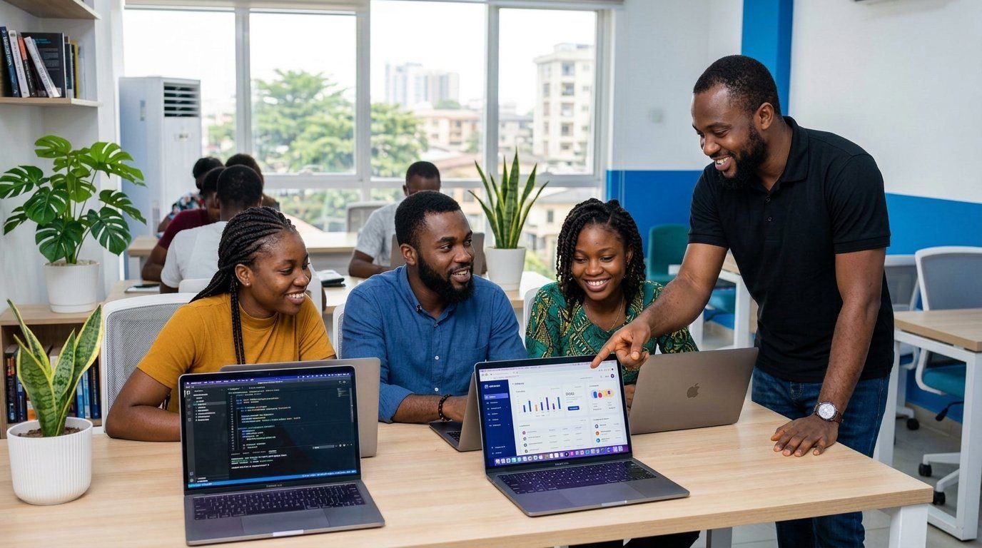 Students learning software engineering with a mentor in a modern Ilorin classroom