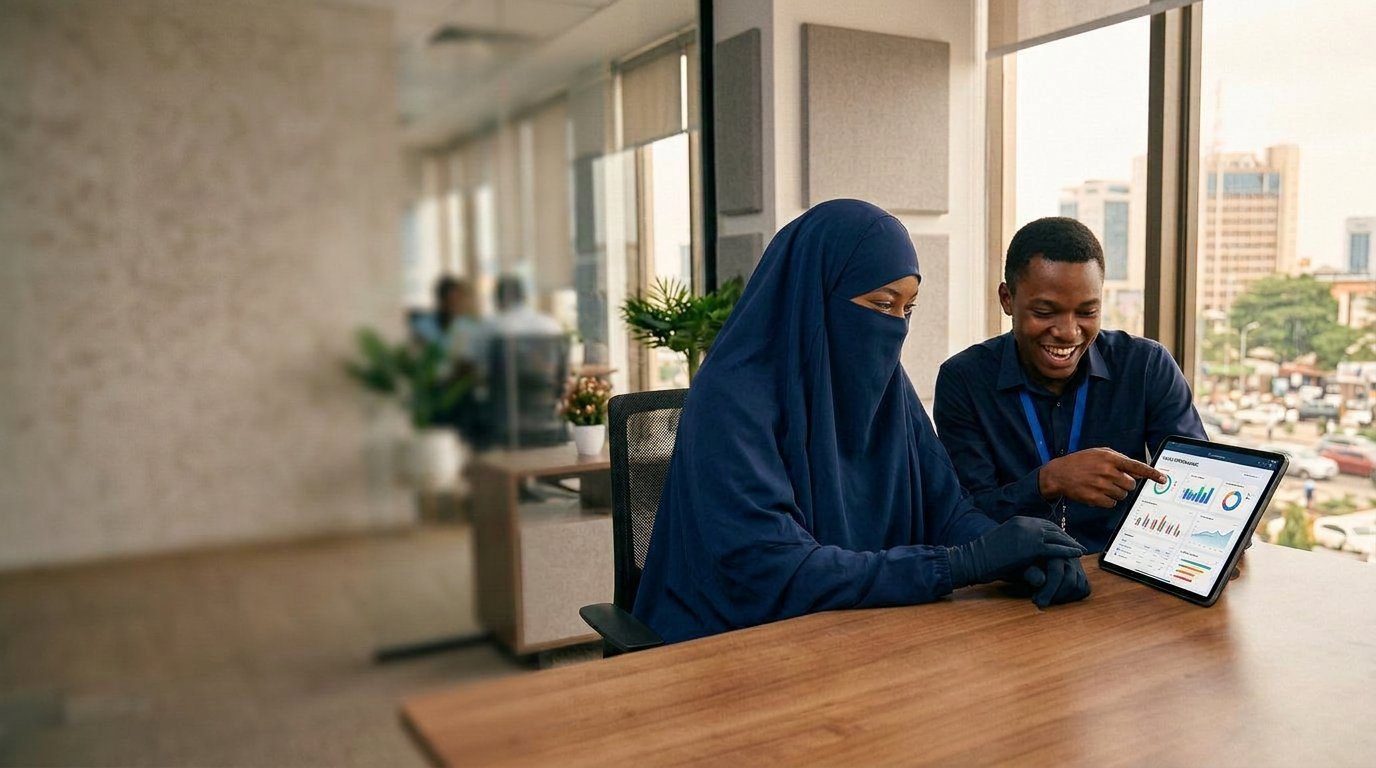A business owner in niqab reviewing her new website and dashboard with our developer