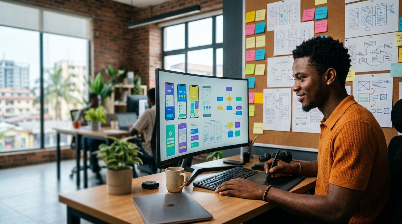 A UI/UX design student working on mobile app screens