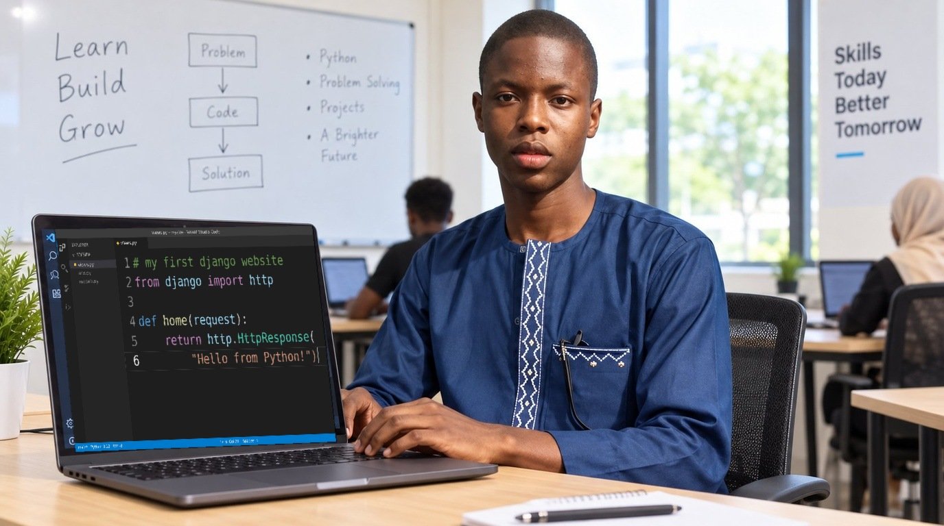 A young student in a navy blue embroidered kaftan writing Python and Django code on his laptop in class