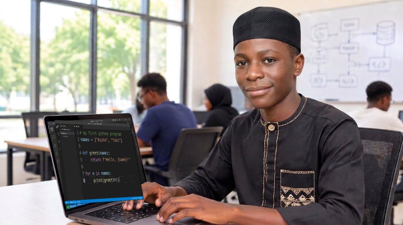 A young student in a black kufi cap and embroidered kaftan coding on his laptop in class