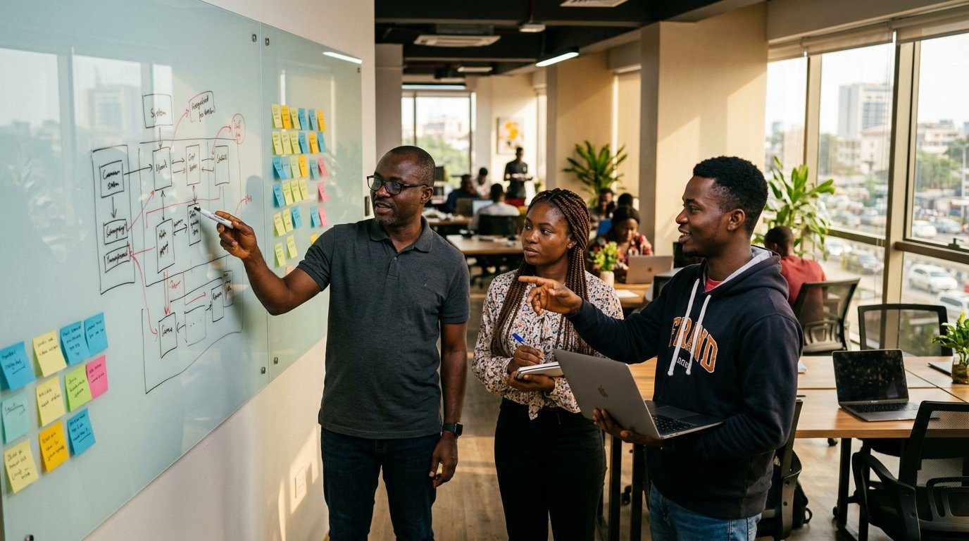 Senior engineer guiding junior developers at a whiteboard
